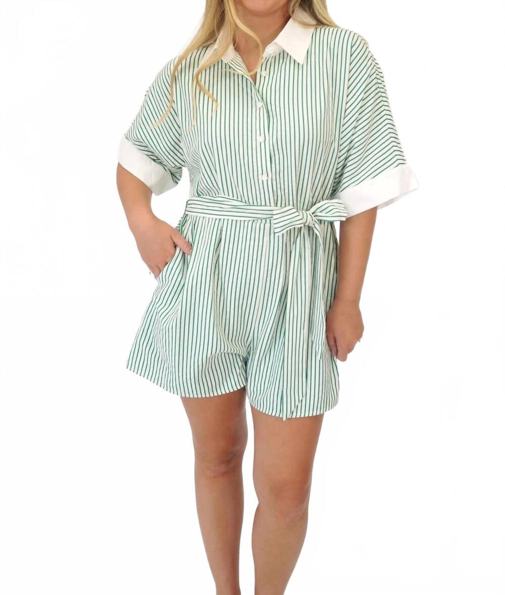 NEW JODIFL striped belted button-front romper in green & white